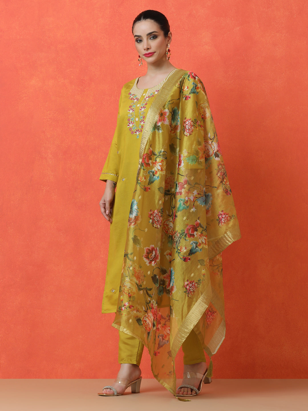 Floral Embroidered Straight Silk Blend Kurta & Trousers Sets