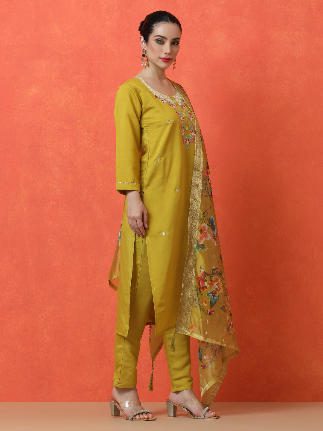 Floral Embroidered Straight Silk Blend Kurta & Trousers Sets
