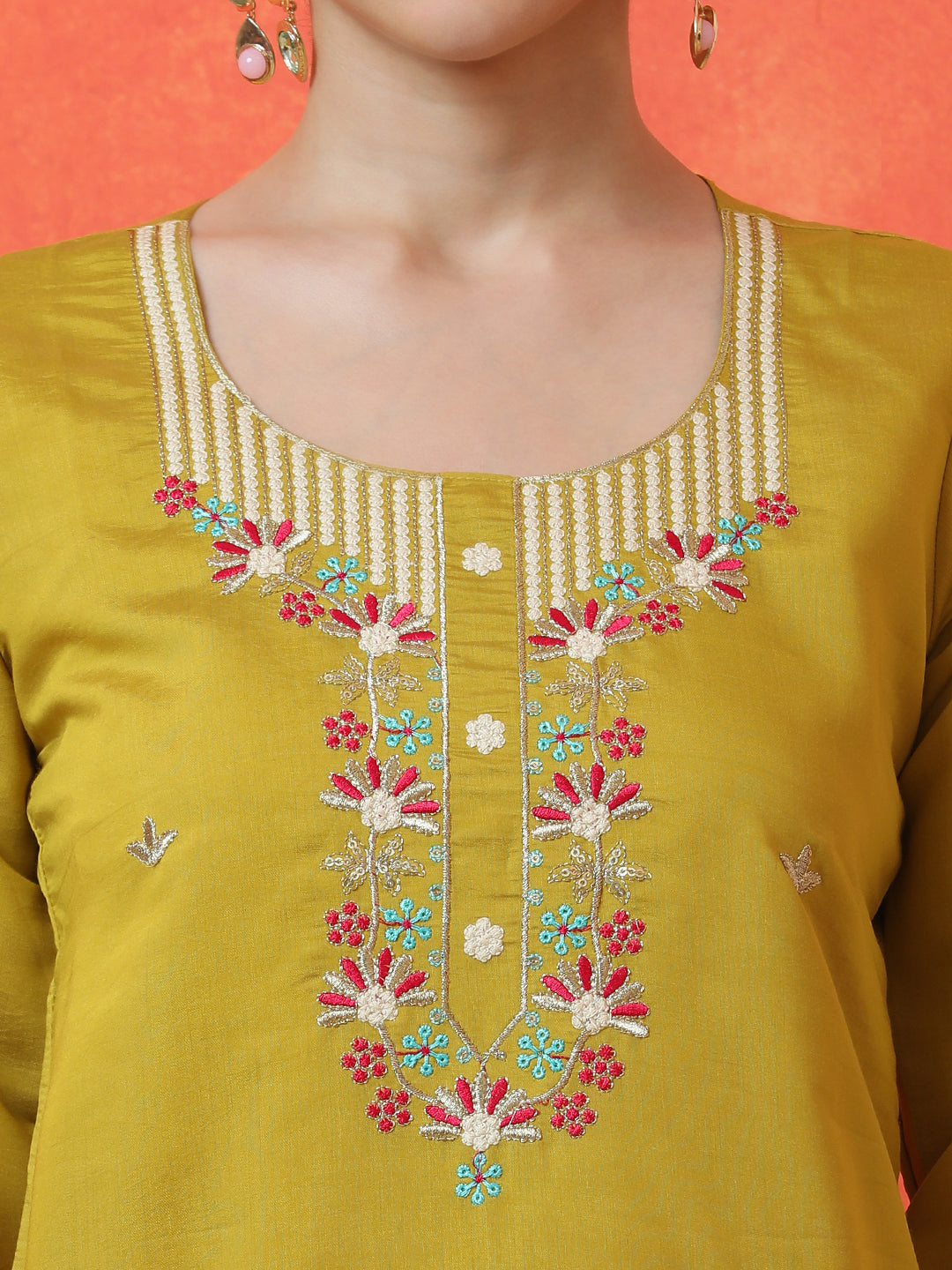 Floral Embroidered Straight Silk Blend Kurta & Trousers Sets