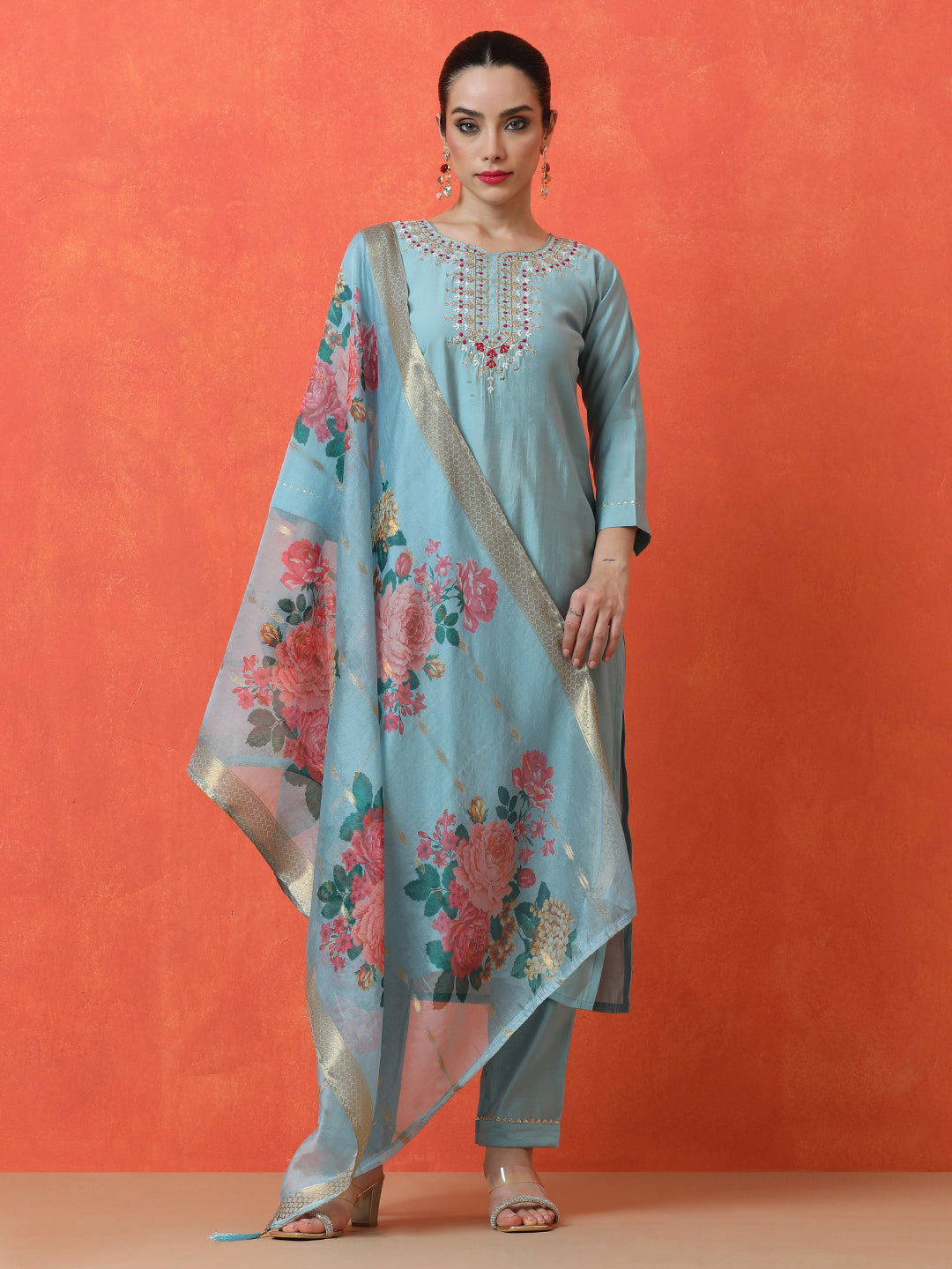 Floral Embroidered Straight Silk Blend Kurta & Trousers Sets