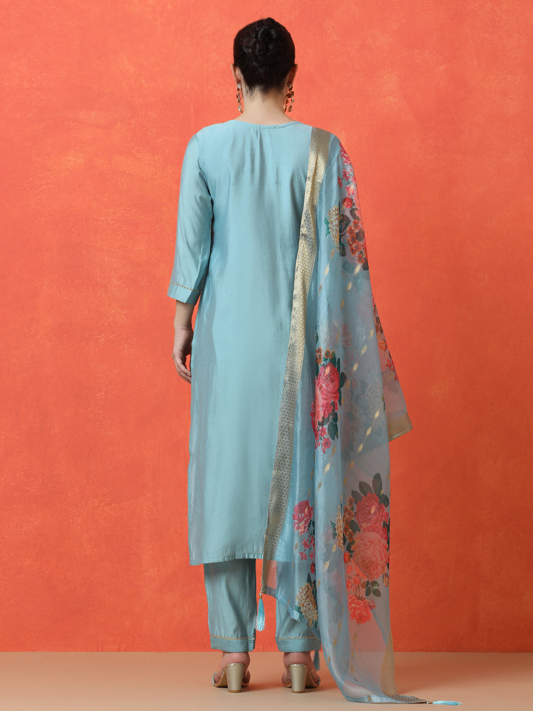Floral Embroidered Straight Silk Blend Kurta & Trousers Sets