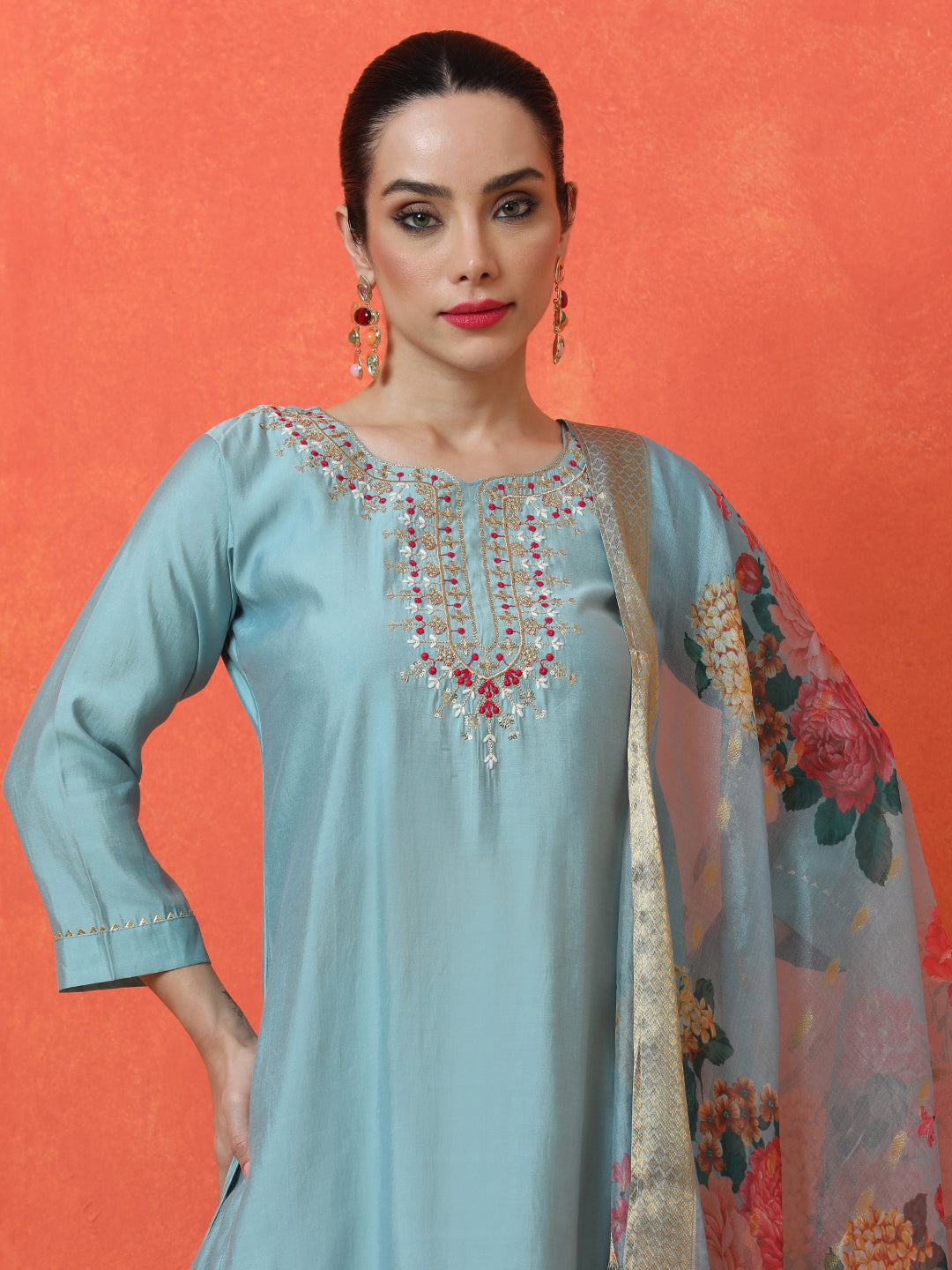 Floral Embroidered Straight Silk Blend Kurta & Trousers Sets