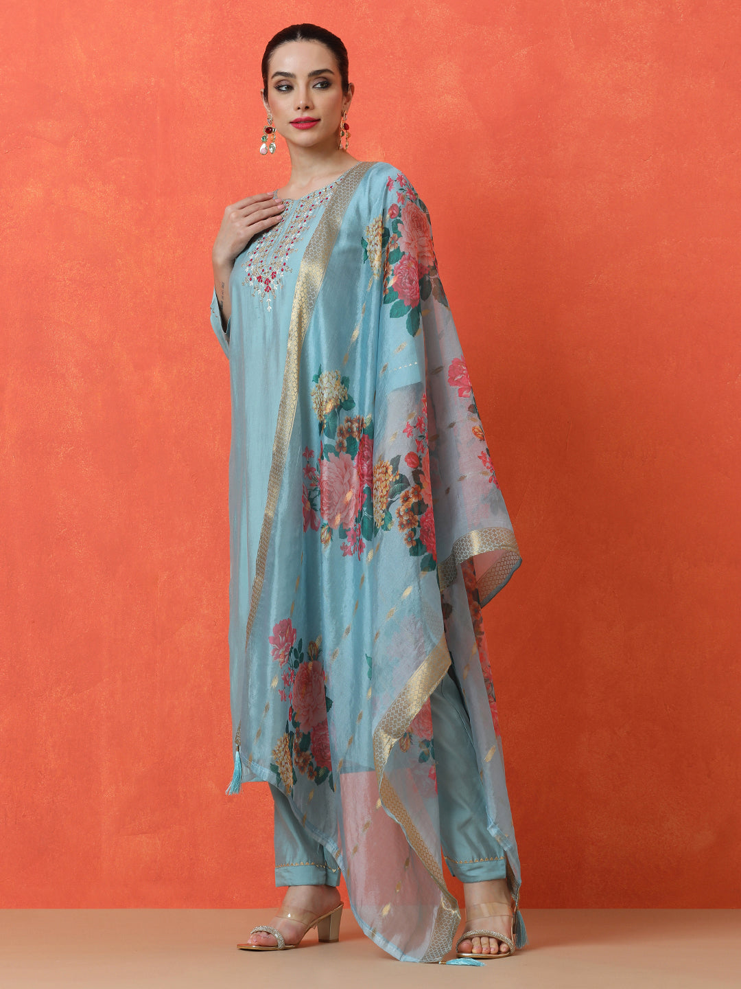 Floral Embroidered Straight Silk Blend Kurta & Trousers Sets