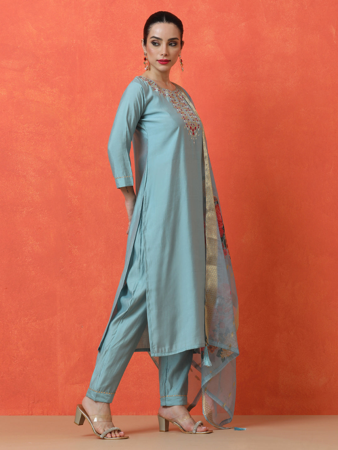 Floral Embroidered Straight Silk Blend Kurta & Trousers Sets