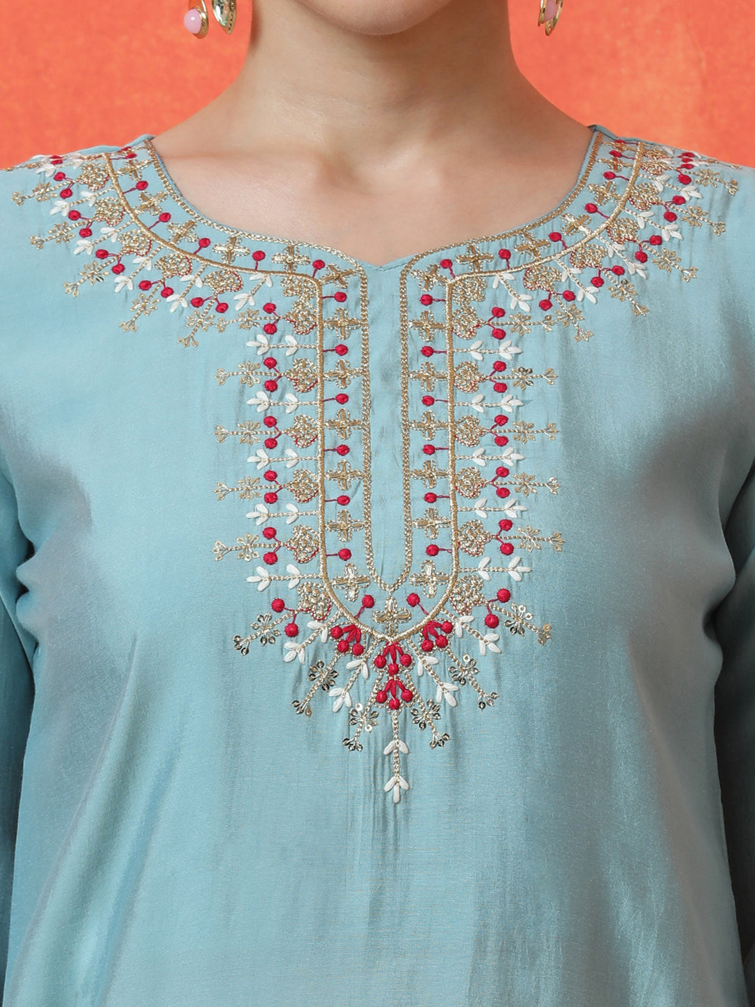 Floral Embroidered Straight Silk Blend Kurta & Trousers Sets