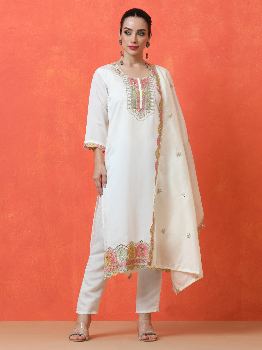 Floral Embroidered Straight Silk Blend Kurta & Trousers Sets