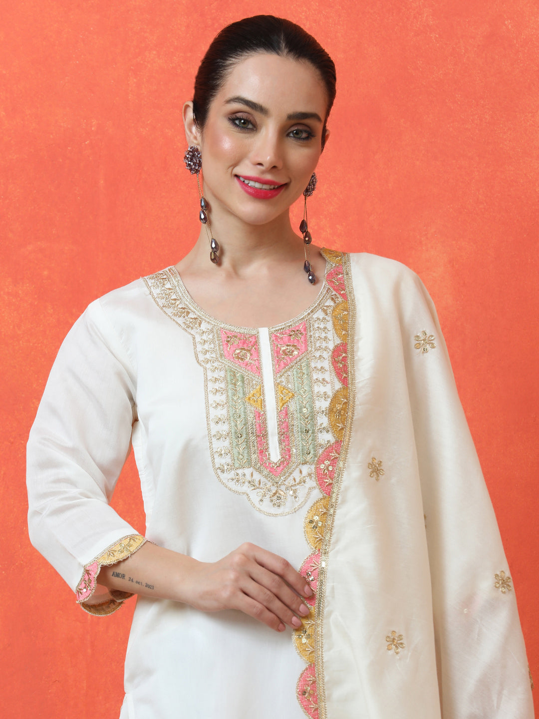 Floral Embroidered Straight Silk Blend Kurta & Trousers Sets