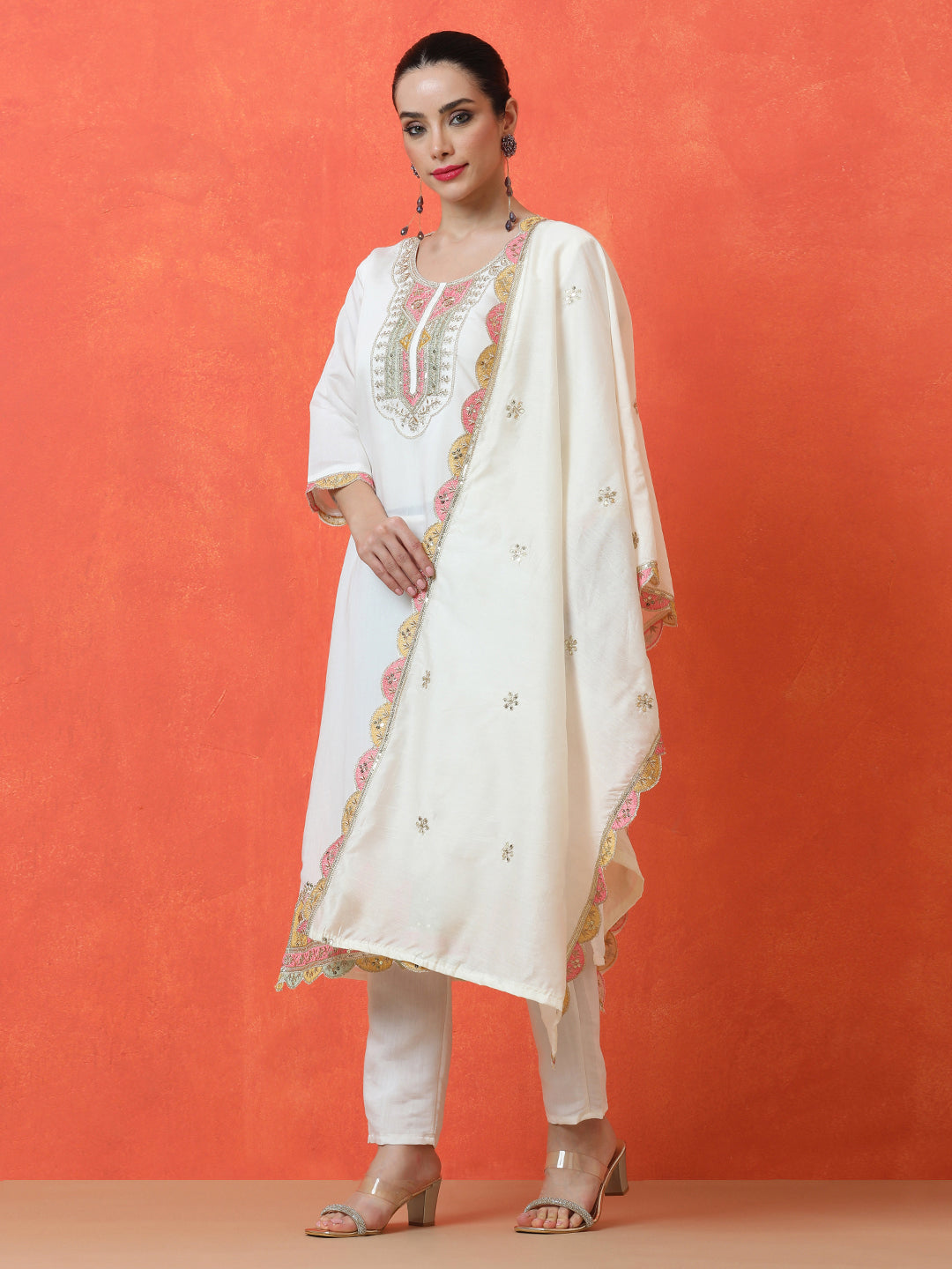 Floral Embroidered Straight Silk Blend Kurta & Trousers Sets