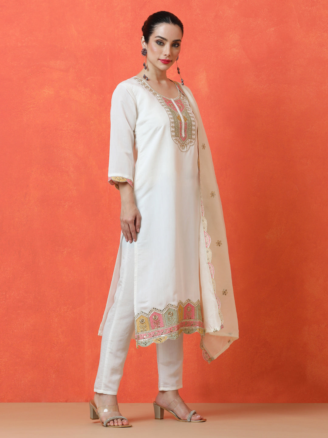 Floral Embroidered Straight Silk Blend Kurta & Trousers Sets