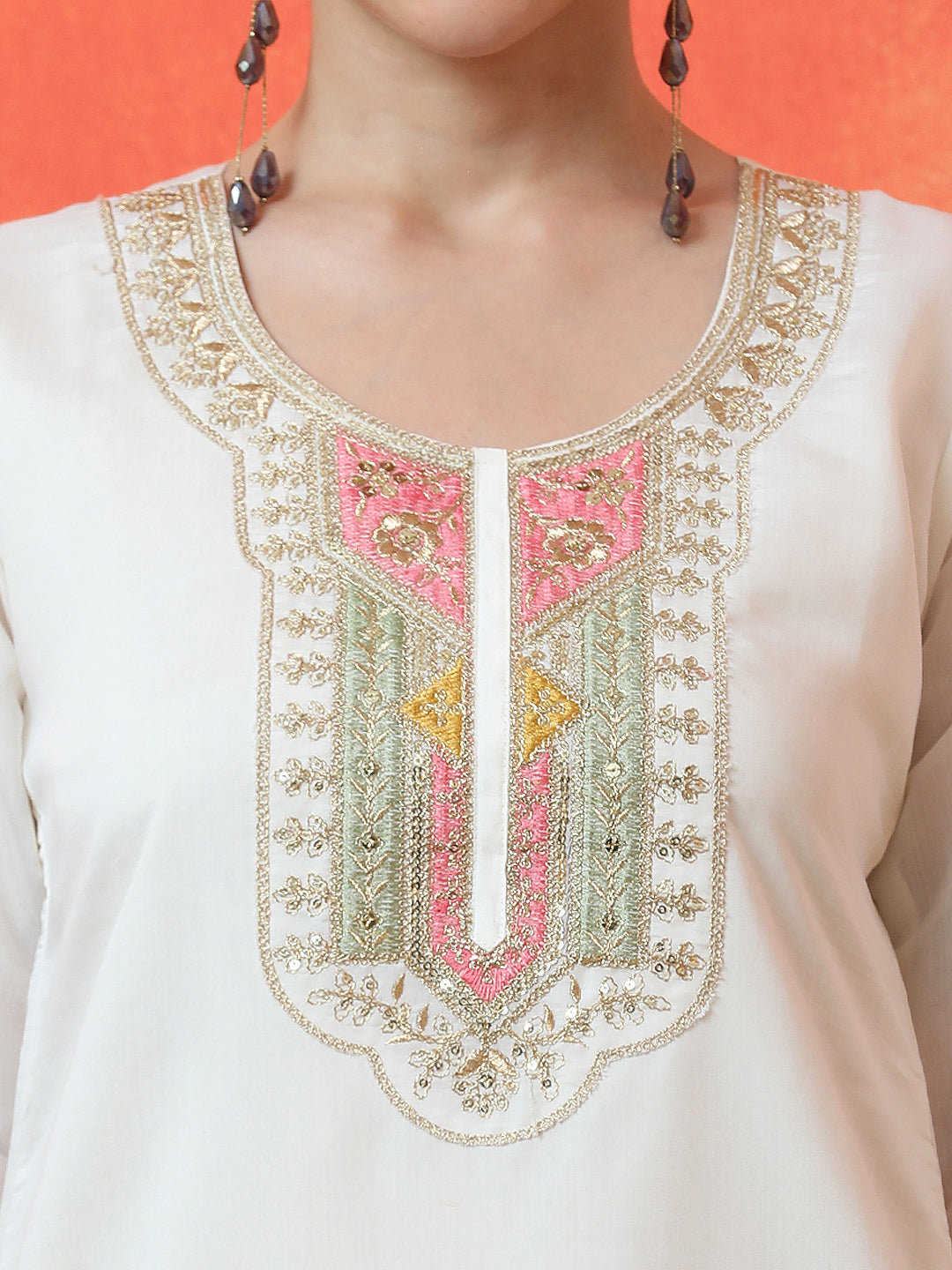 Floral Embroidered Straight Silk Blend Kurta & Trousers Sets