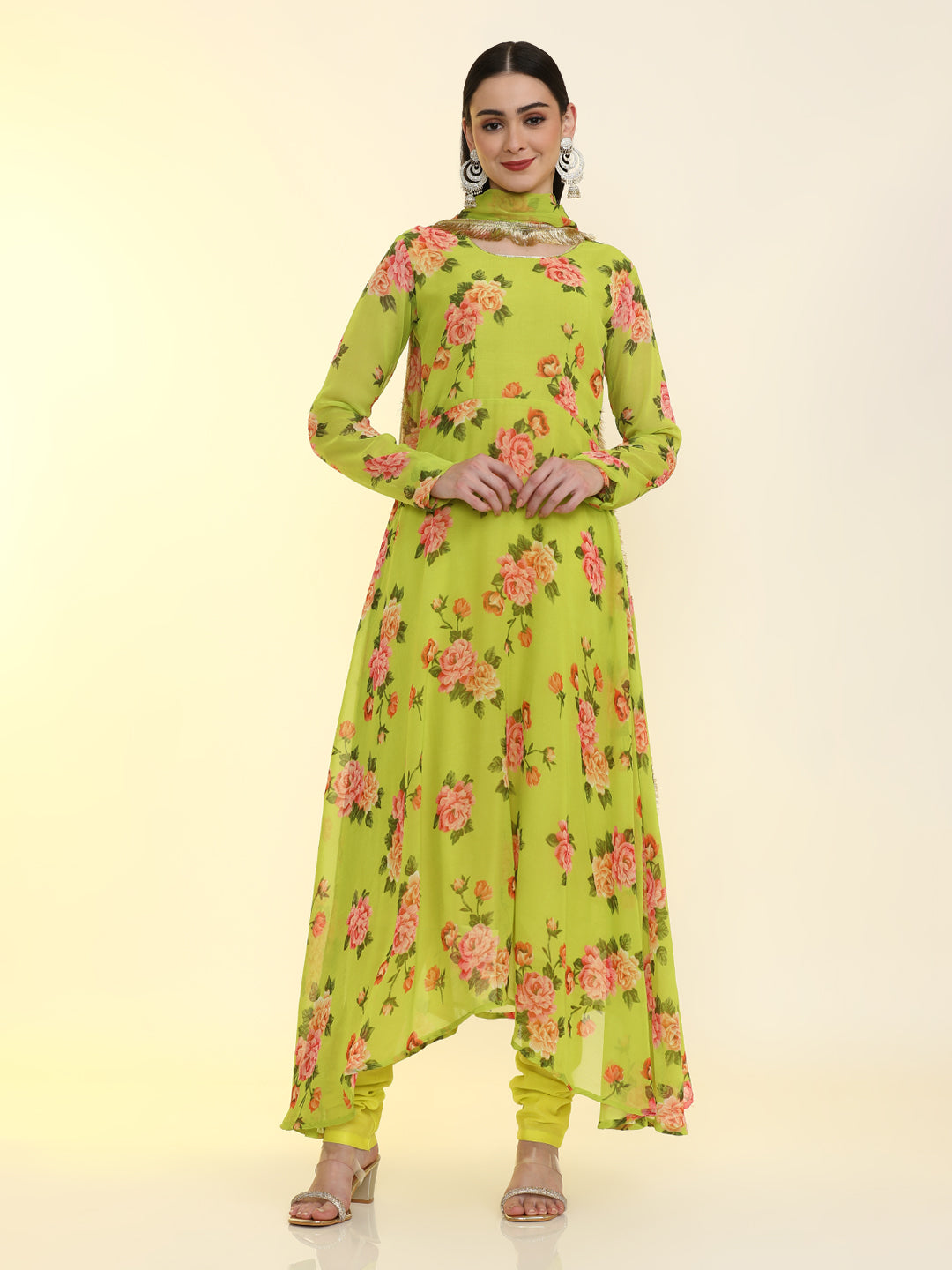 Floral Printed Anarkali Poly Chiffon Flared Kurta & Churidar Sets