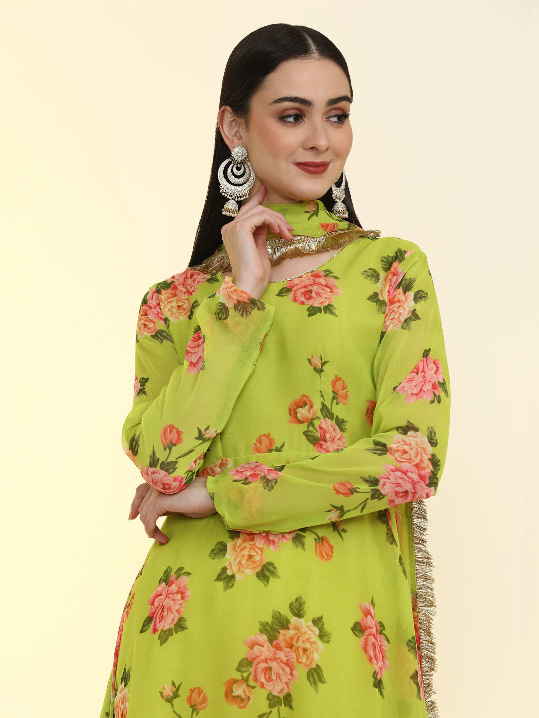 Floral Printed Anarkali Poly Chiffon Flared Kurta & Churidar Sets