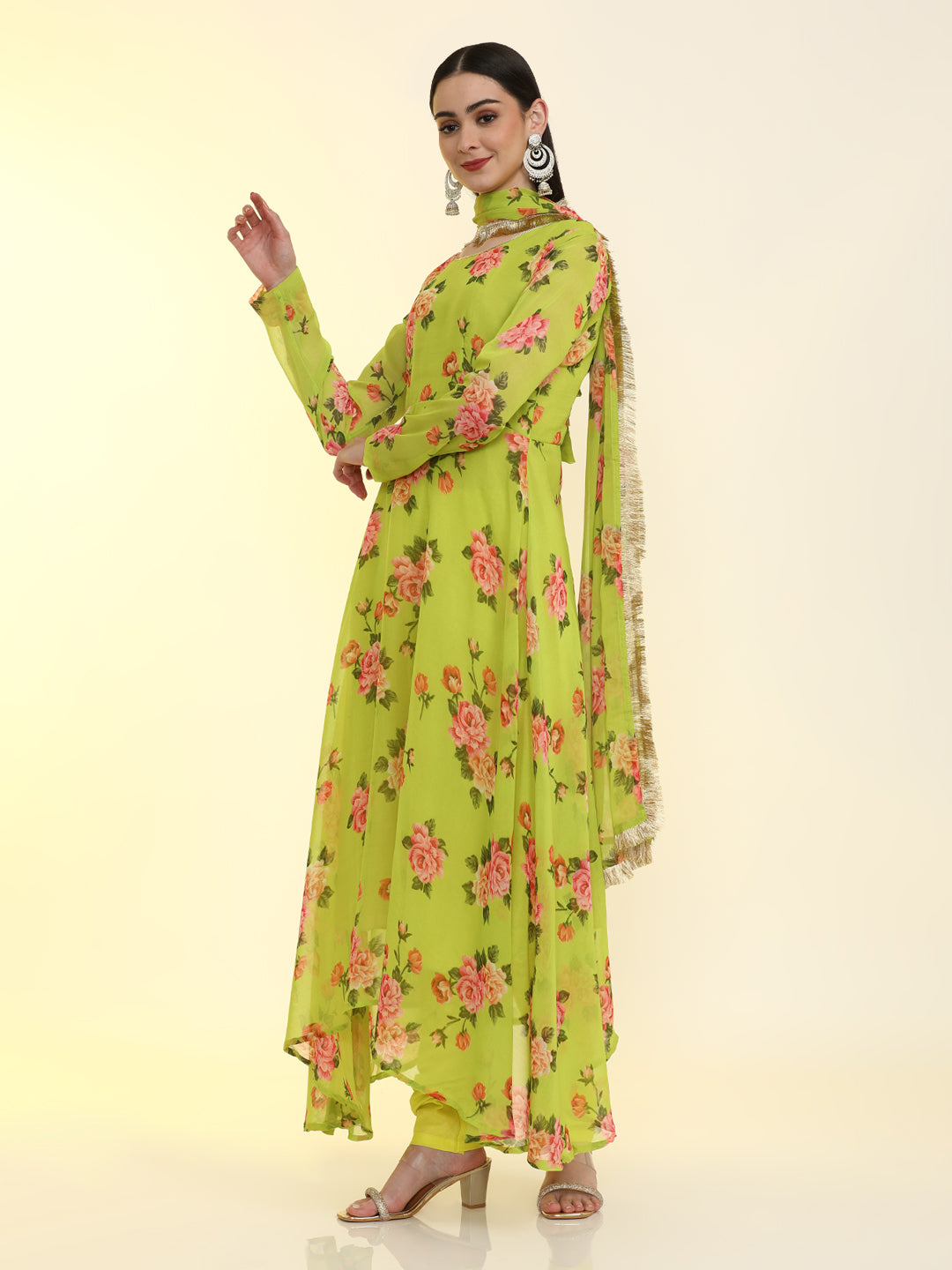 Floral Printed Anarkali Poly Chiffon Flared Kurta & Churidar Sets