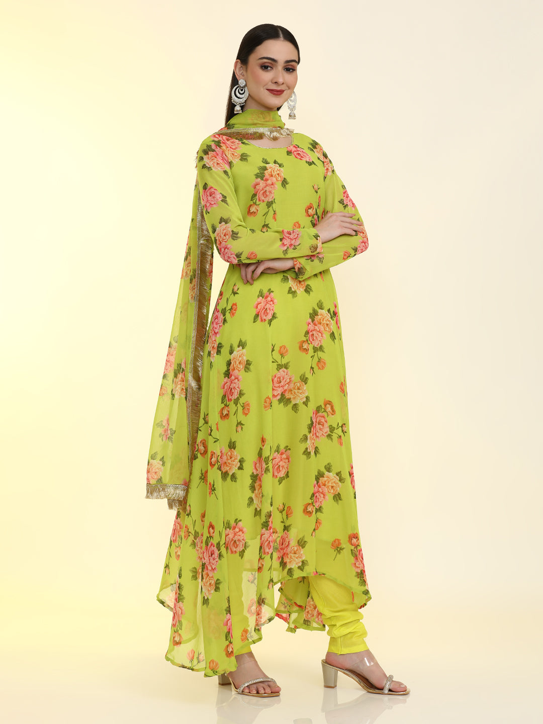 Floral Printed Anarkali Poly Chiffon Flared Kurta & Churidar Sets