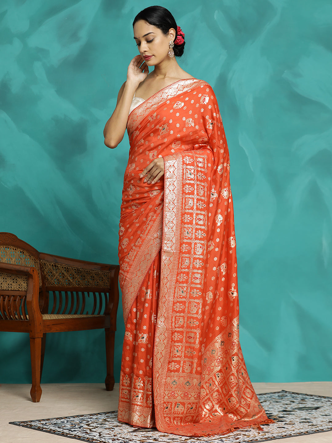 Festive Orange Zari Woven Heavy Banarasi Saree