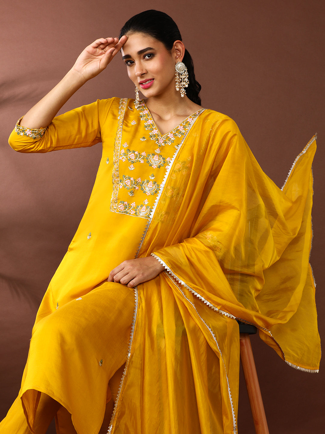 Floral Embroidered Chanderi Silk Kurta & Trousers Sets