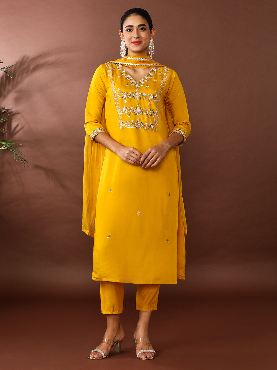 Floral Embroidered Chanderi Silk Kurta & Trousers Sets