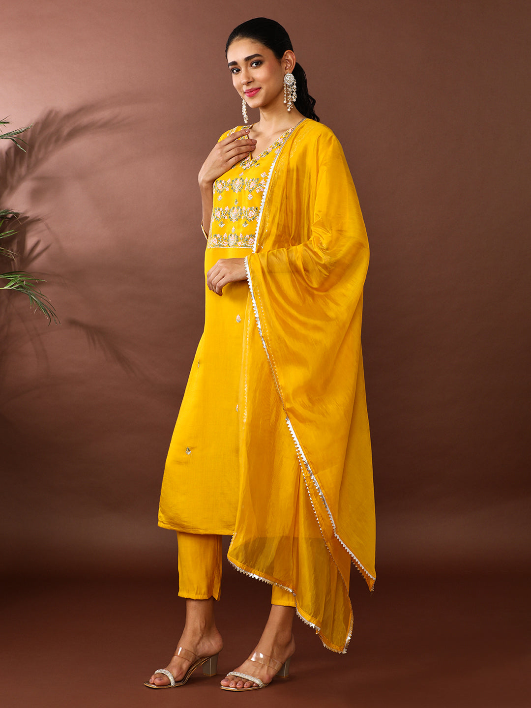 Floral Embroidered Chanderi Silk Kurta & Trousers Sets