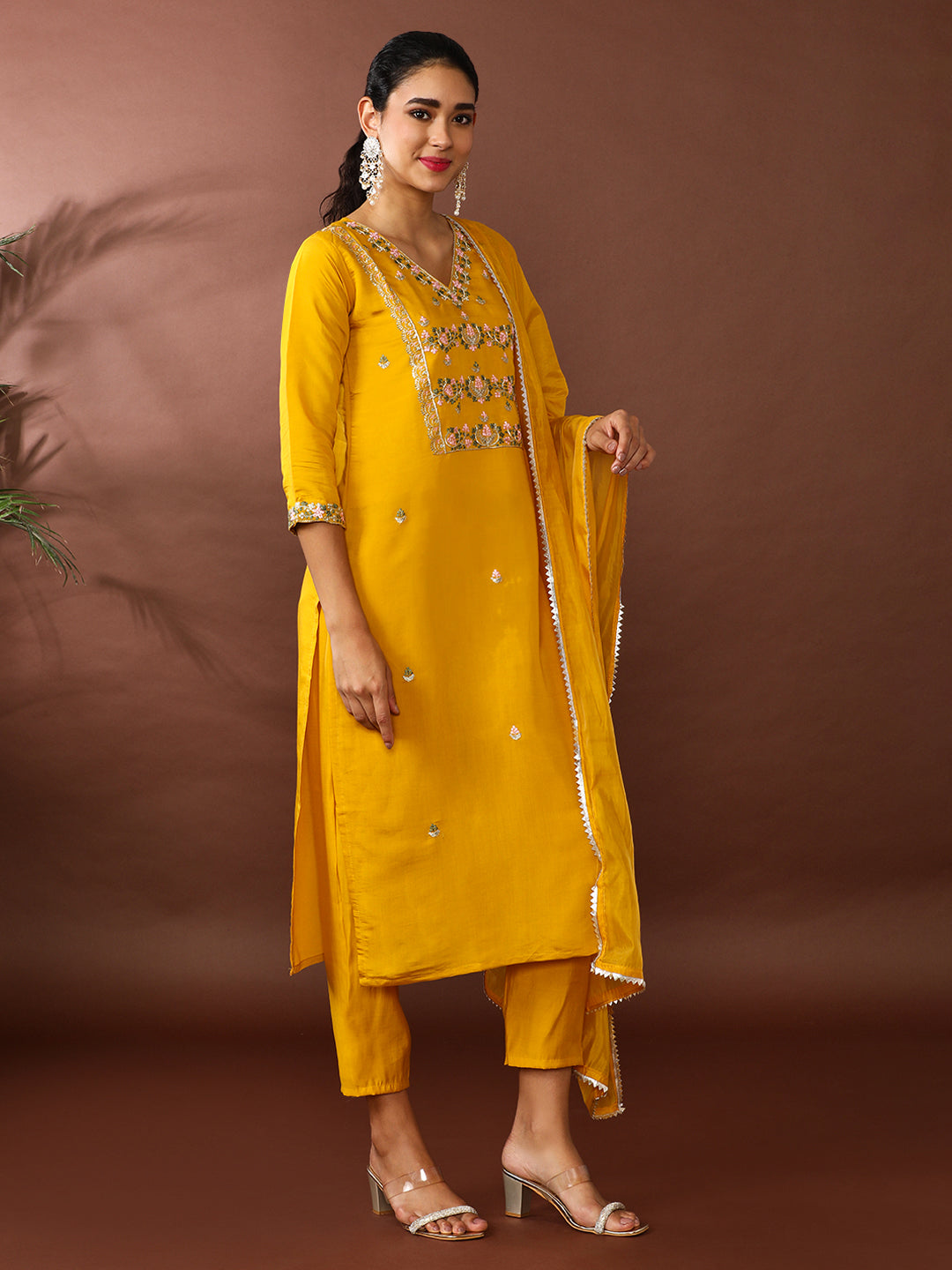Floral Embroidered Chanderi Silk Kurta & Trousers Sets