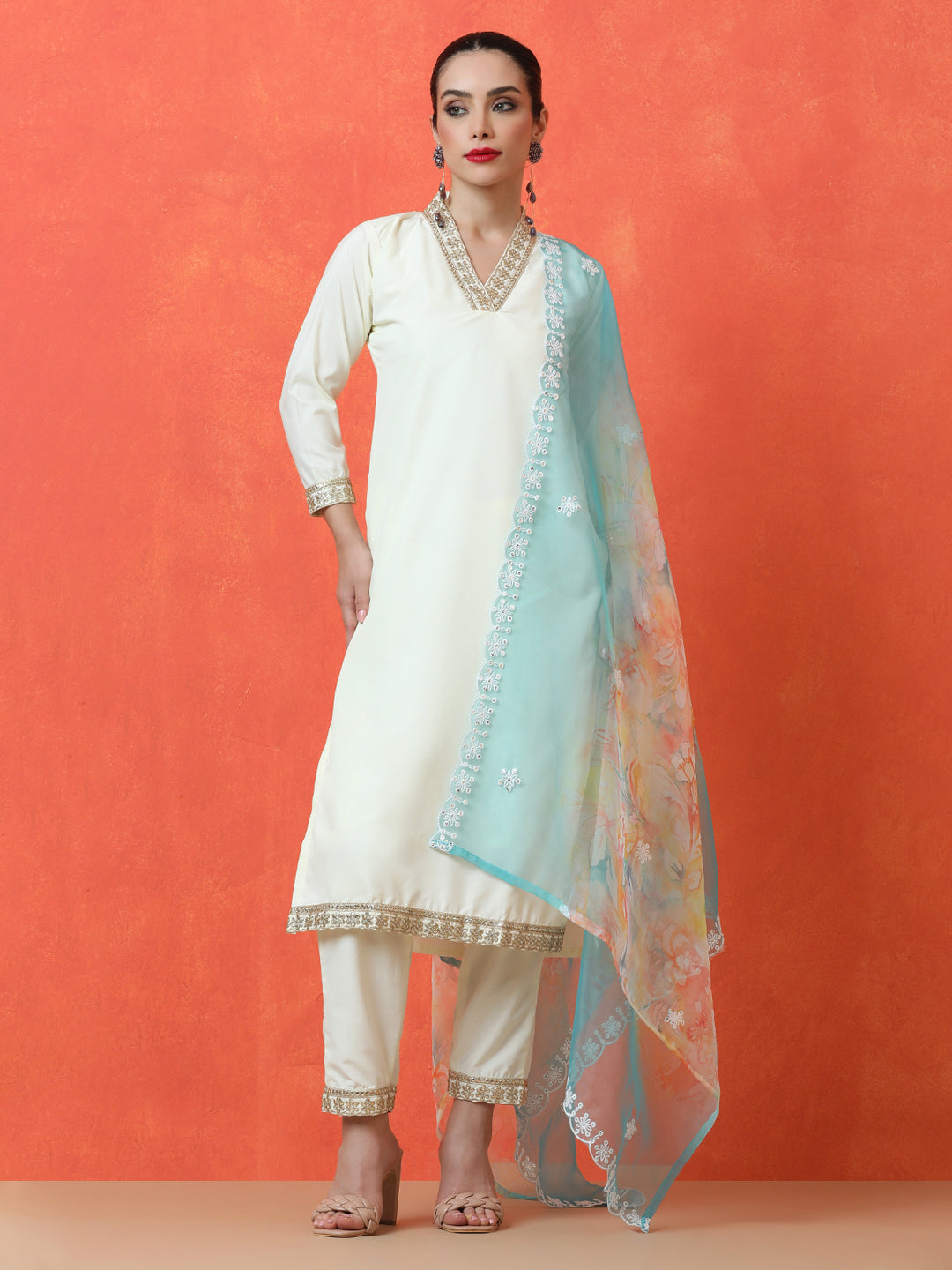 Solid Embroidered Straight Cotton Blend Kurta & Trousers Sets