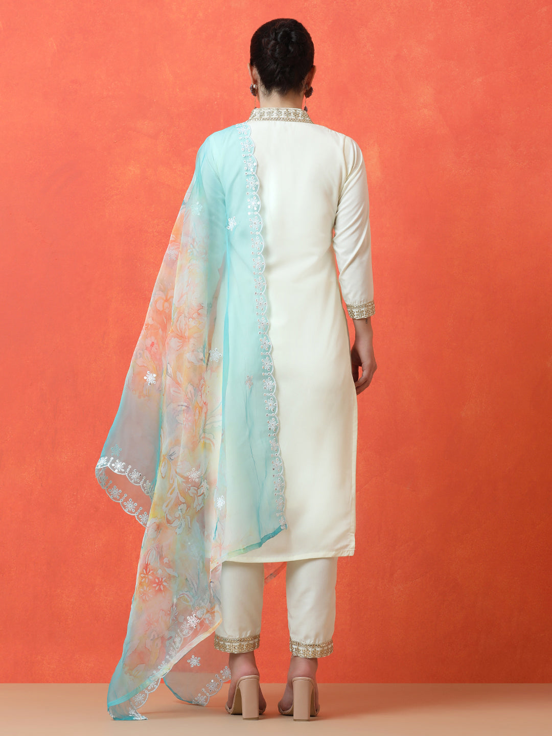 Solid Embroidered Straight Cotton Blend Kurta & Trousers Sets