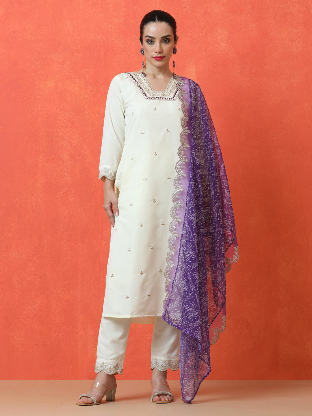 Floral Embroidered Straight Silk Blend Kurta & Trousers Sets