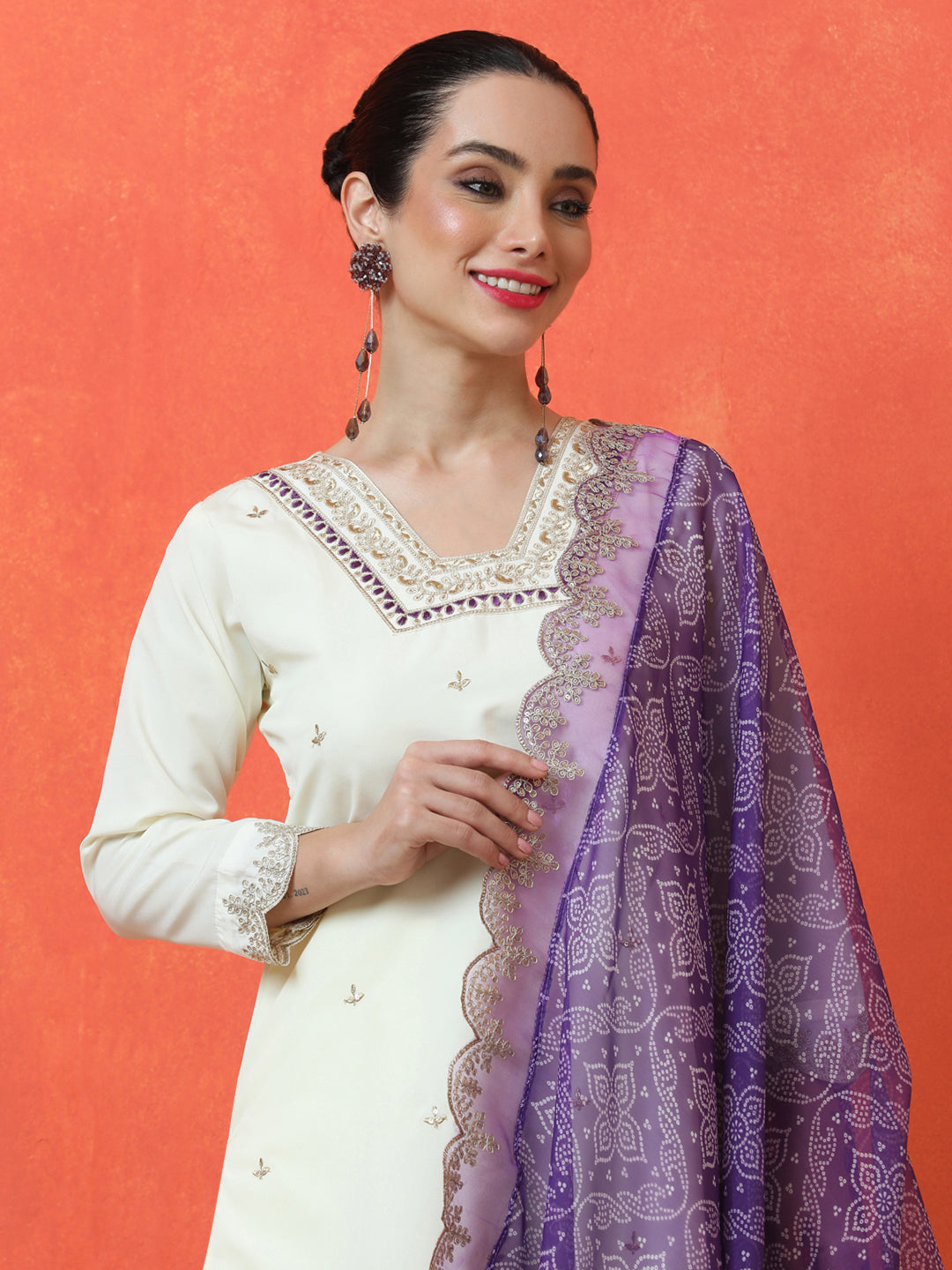 Floral Embroidered Straight Silk Blend Kurta & Trousers Sets