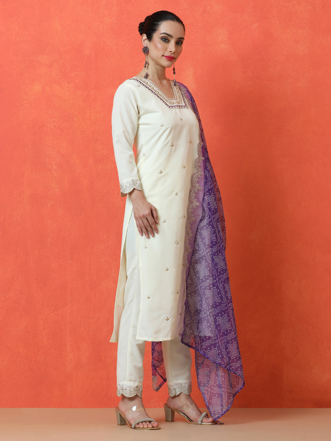 Floral Embroidered Straight Silk Blend Kurta & Trousers Sets