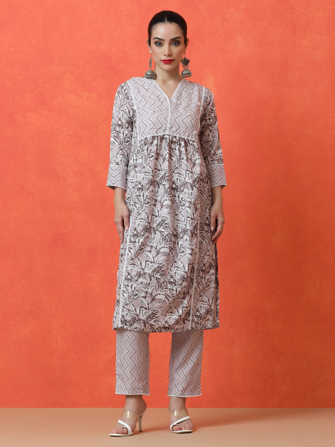 Floral Embroidered A-Line Cotton Blend Kurta & Trousers Sets