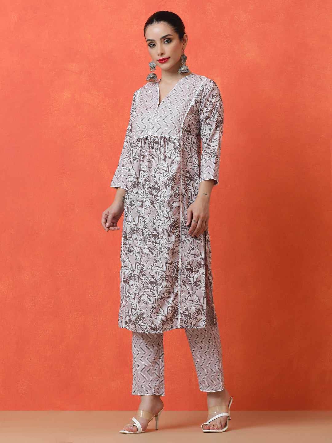 Floral Embroidered A-Line Cotton Blend Kurta & Trousers Sets