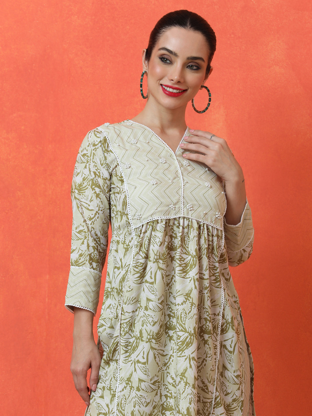 Floral Embroidered A-Line Cotton Blend Kurta & Trousers Sets