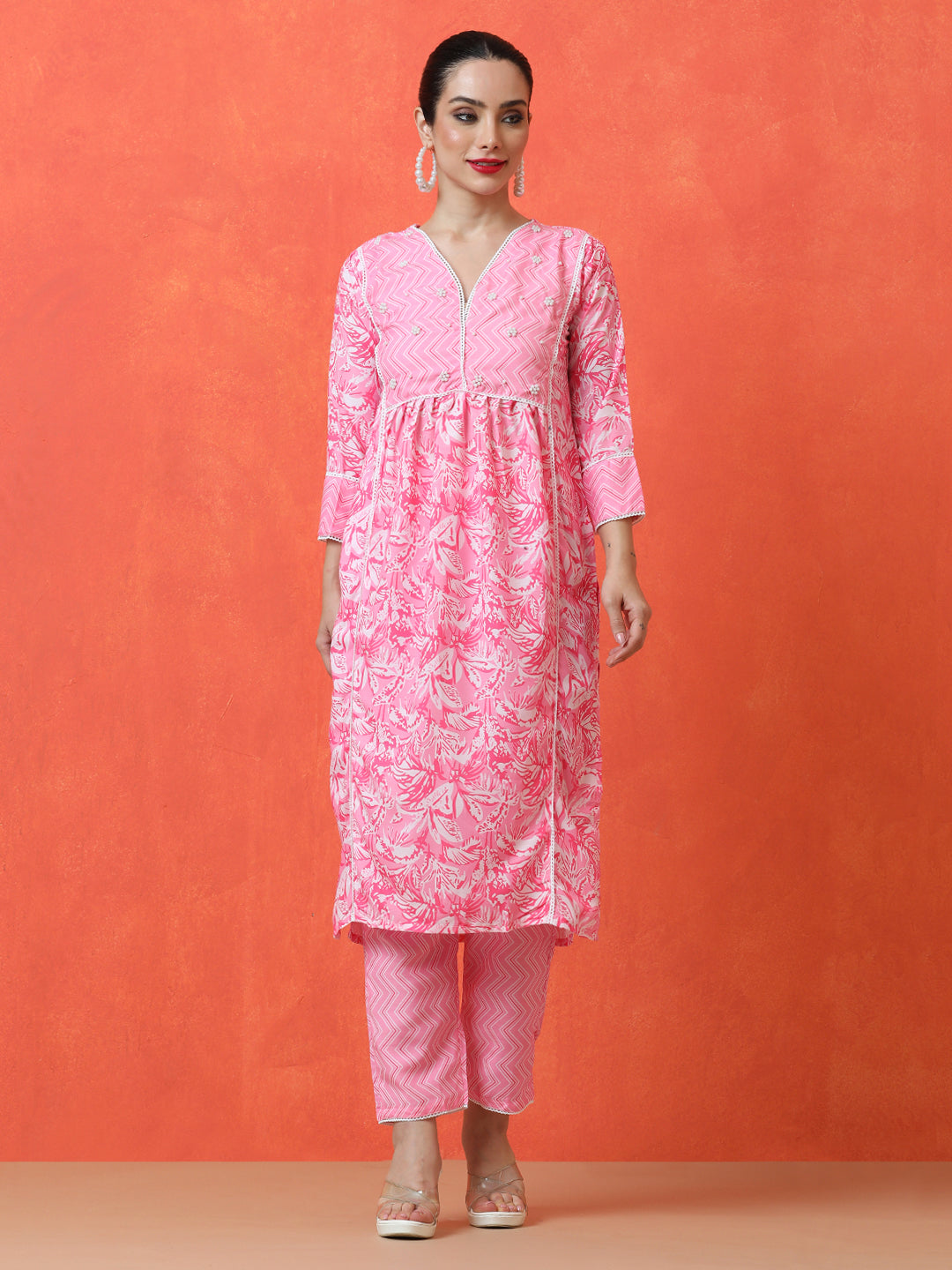 Floral Embroidered A-Line Cotton Blend Kurta & Trousers Sets