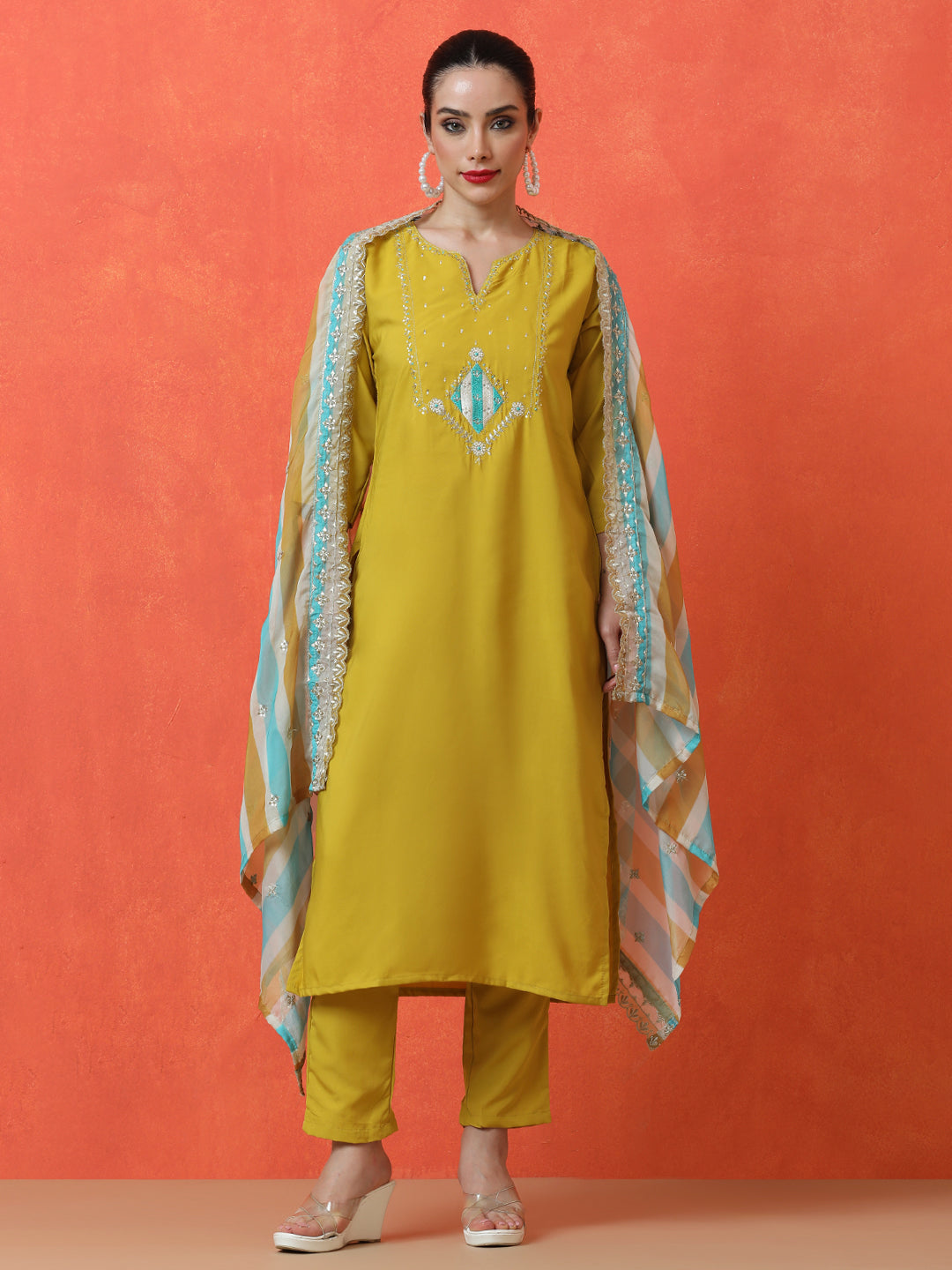 Floral Embroidered Straight Silk Blend Kurta & Trousers Sets