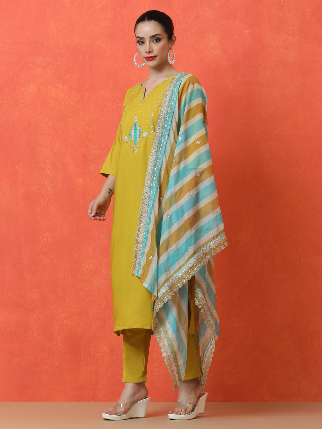 Floral Embroidered Straight Silk Blend Kurta & Trousers Sets