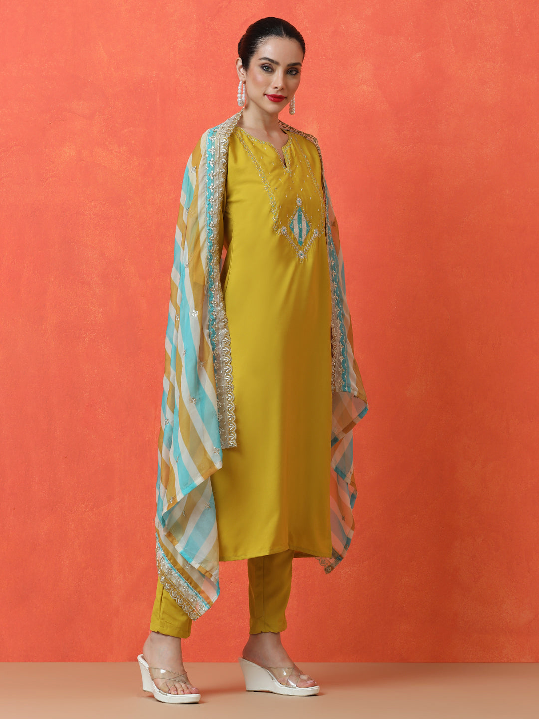 Floral Embroidered Straight Silk Blend Kurta & Trousers Sets