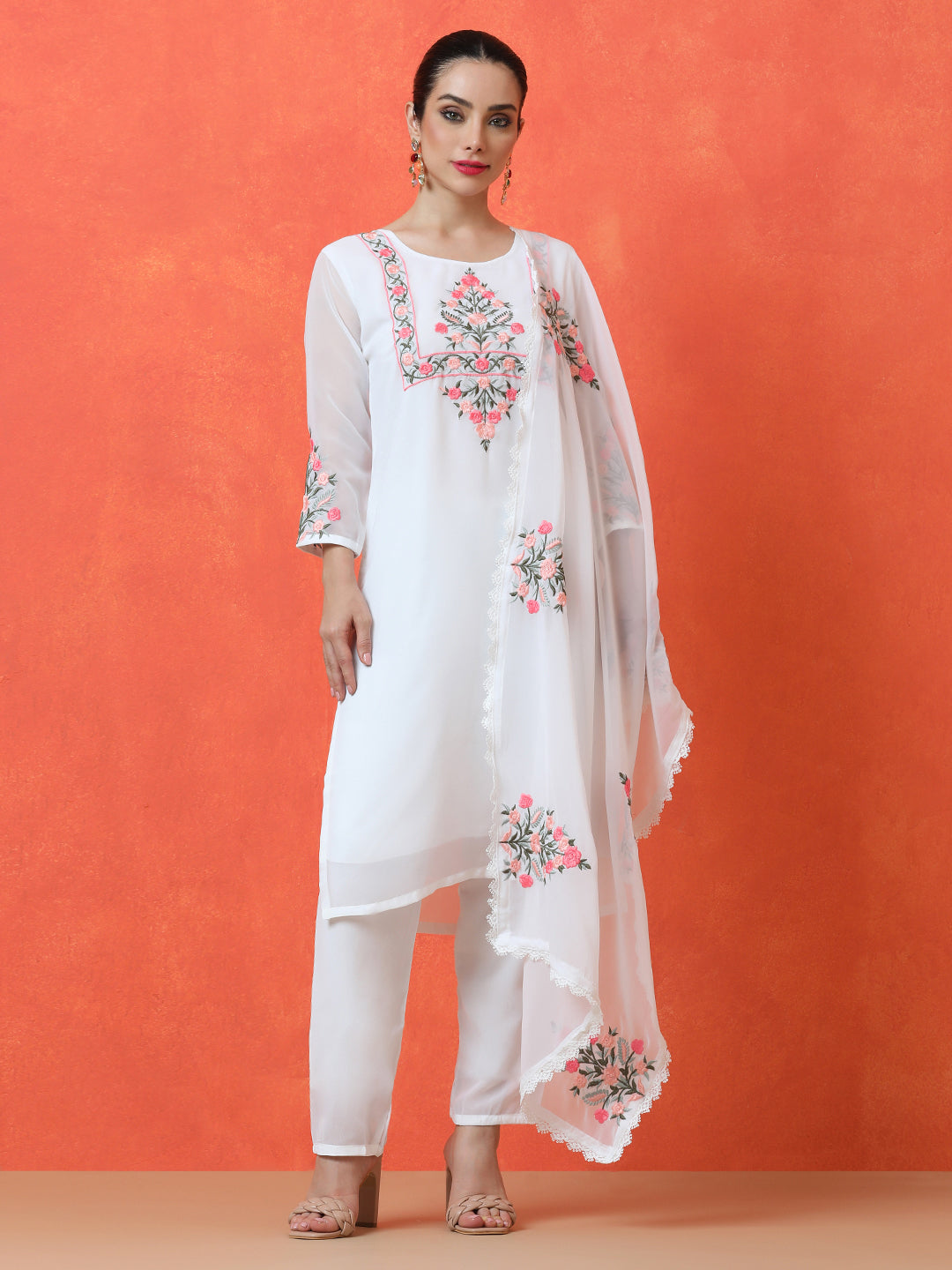 Floral Embroidered Straight Poly Georgette Kurta & Trousers Sets