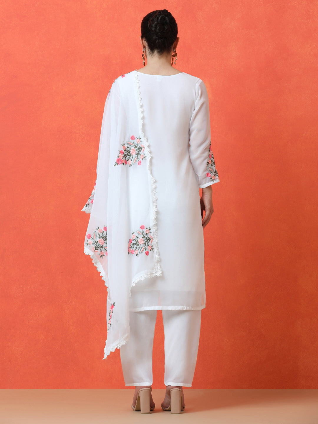 Floral Embroidered Straight Poly Georgette Kurta & Trousers Sets