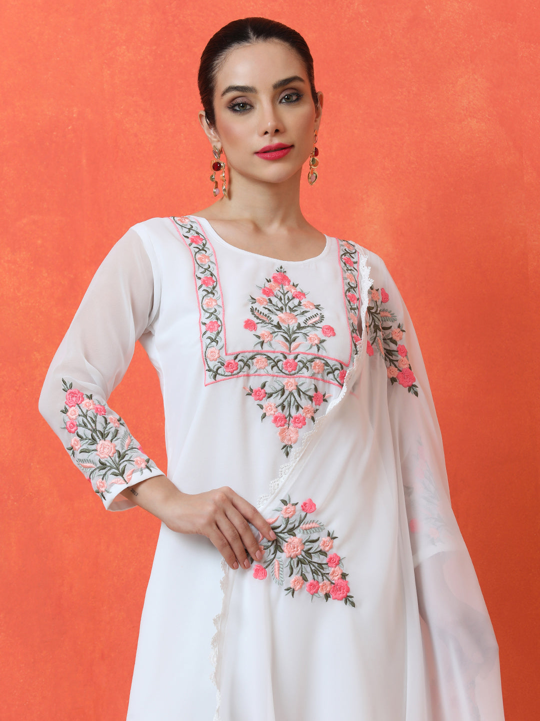 Floral Embroidered Straight Poly Georgette Kurta & Trousers Sets