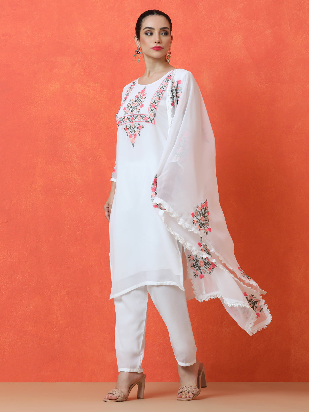 Floral Embroidered Straight Poly Georgette Kurta & Trousers Sets