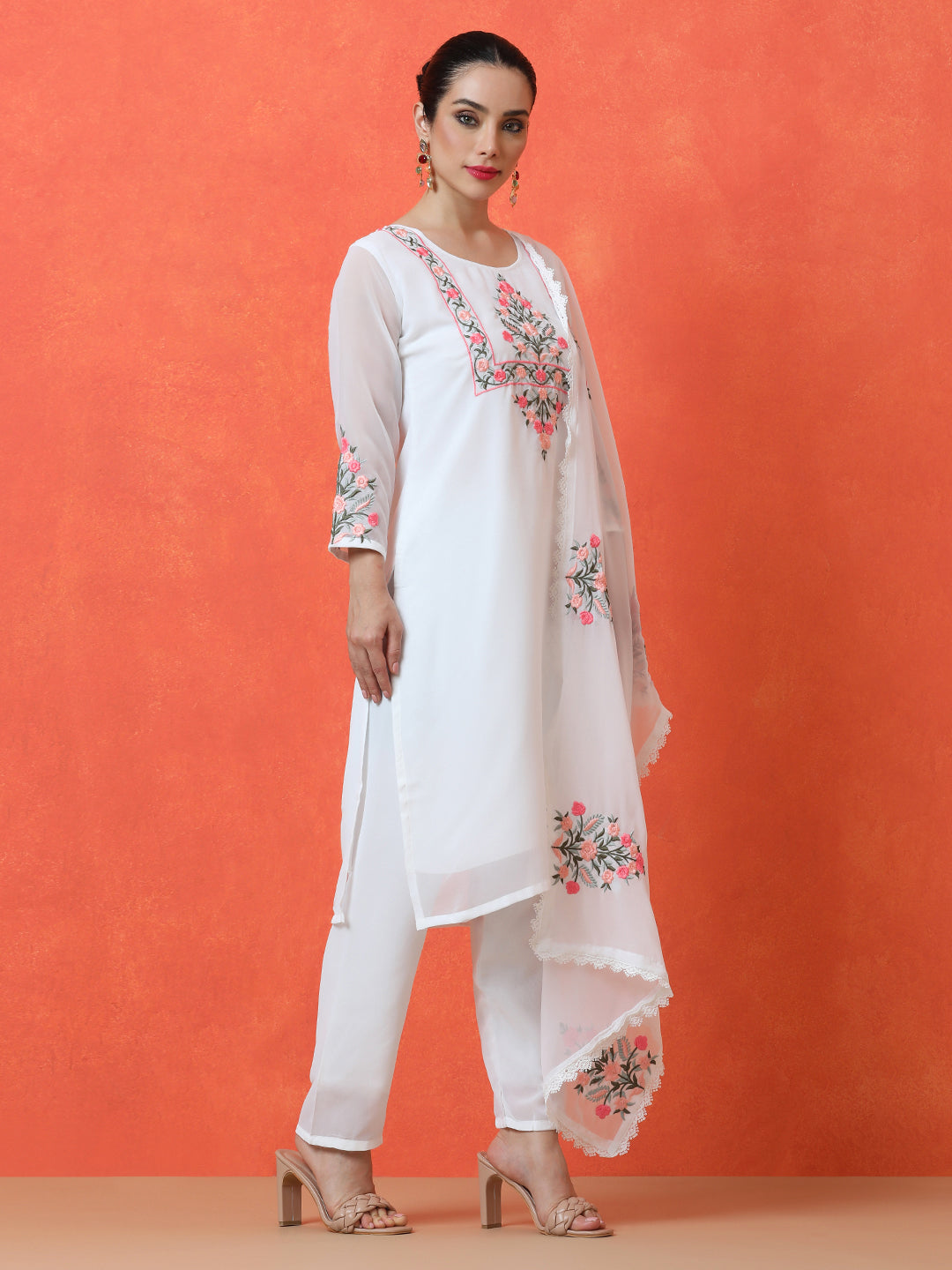 Floral Embroidered Straight Poly Georgette Kurta & Trousers Sets