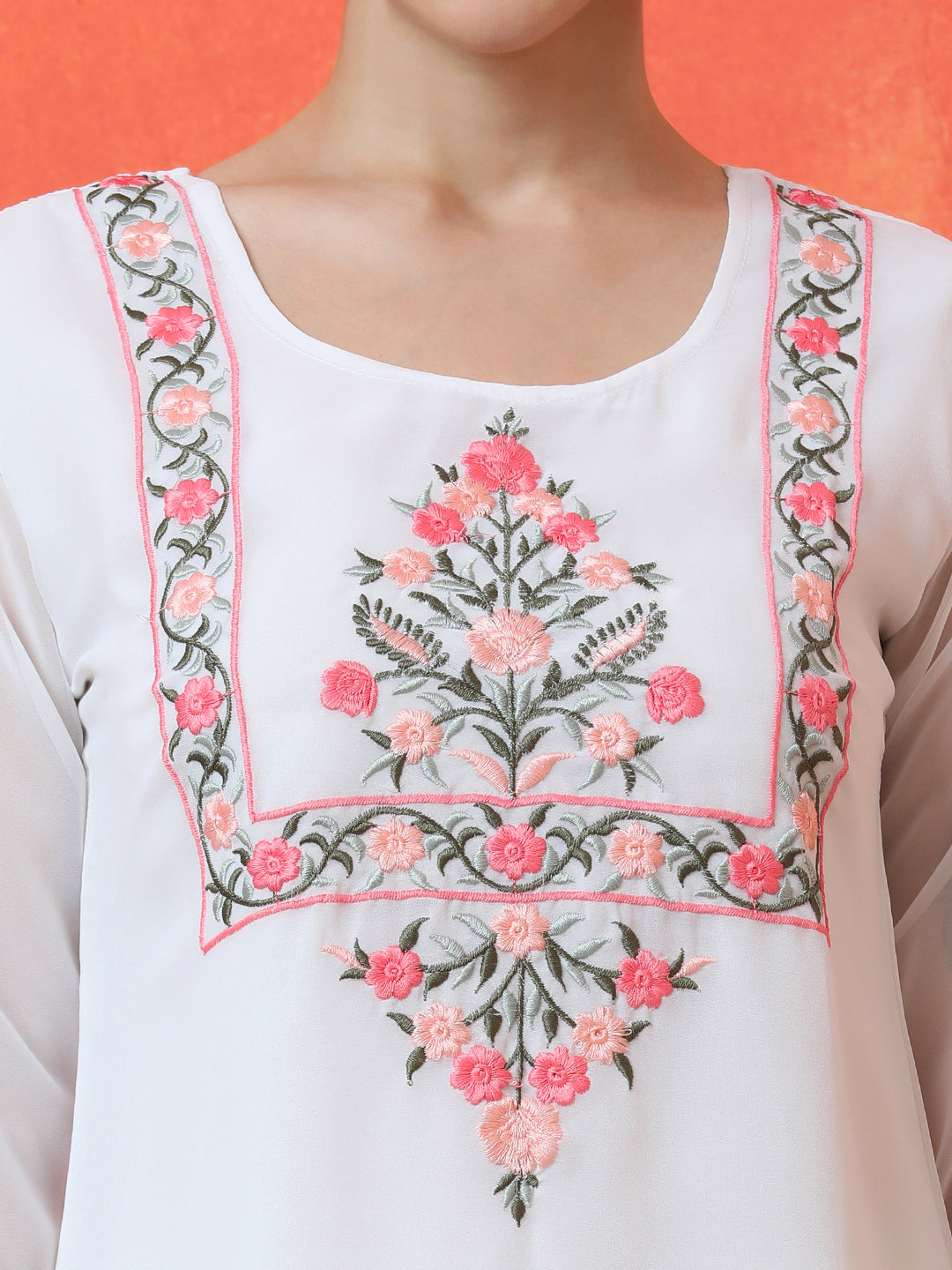 Floral Embroidered Straight Poly Georgette Kurta & Trousers Sets