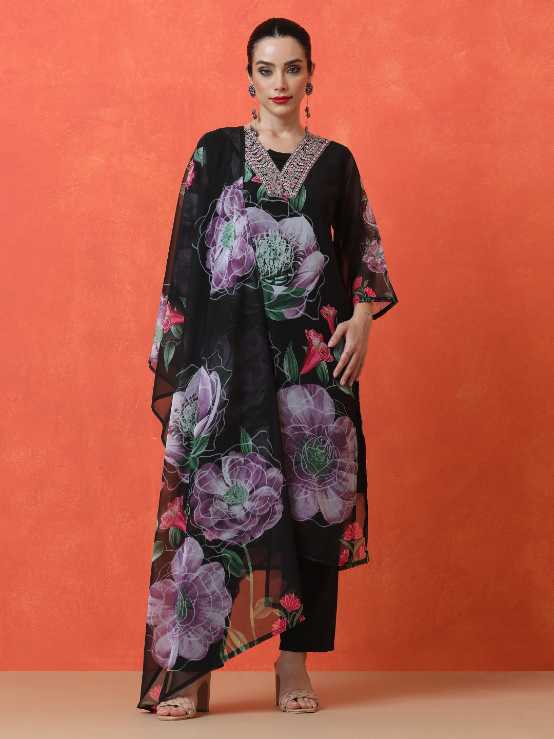 Floral Embroidered Straight Viscose Rayon Kurta & Trousers Sets