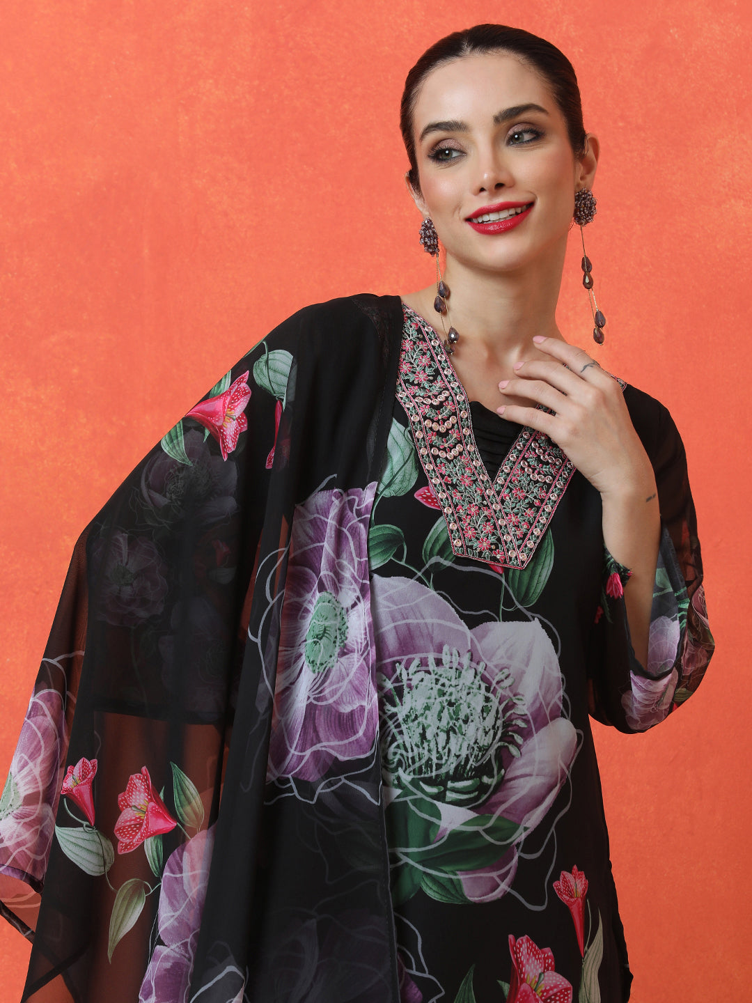 Floral Embroidered Straight Viscose Rayon Kurta & Trousers Sets