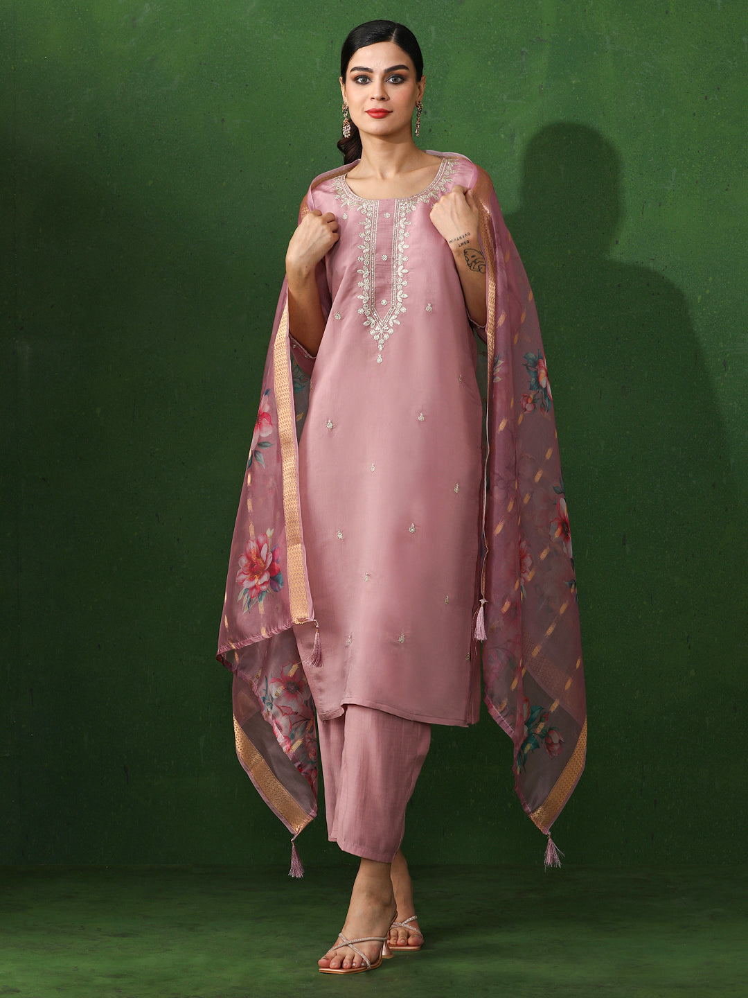 Floral Embroidered Straight Chanderi Silk Kurta & Trousers Sets
