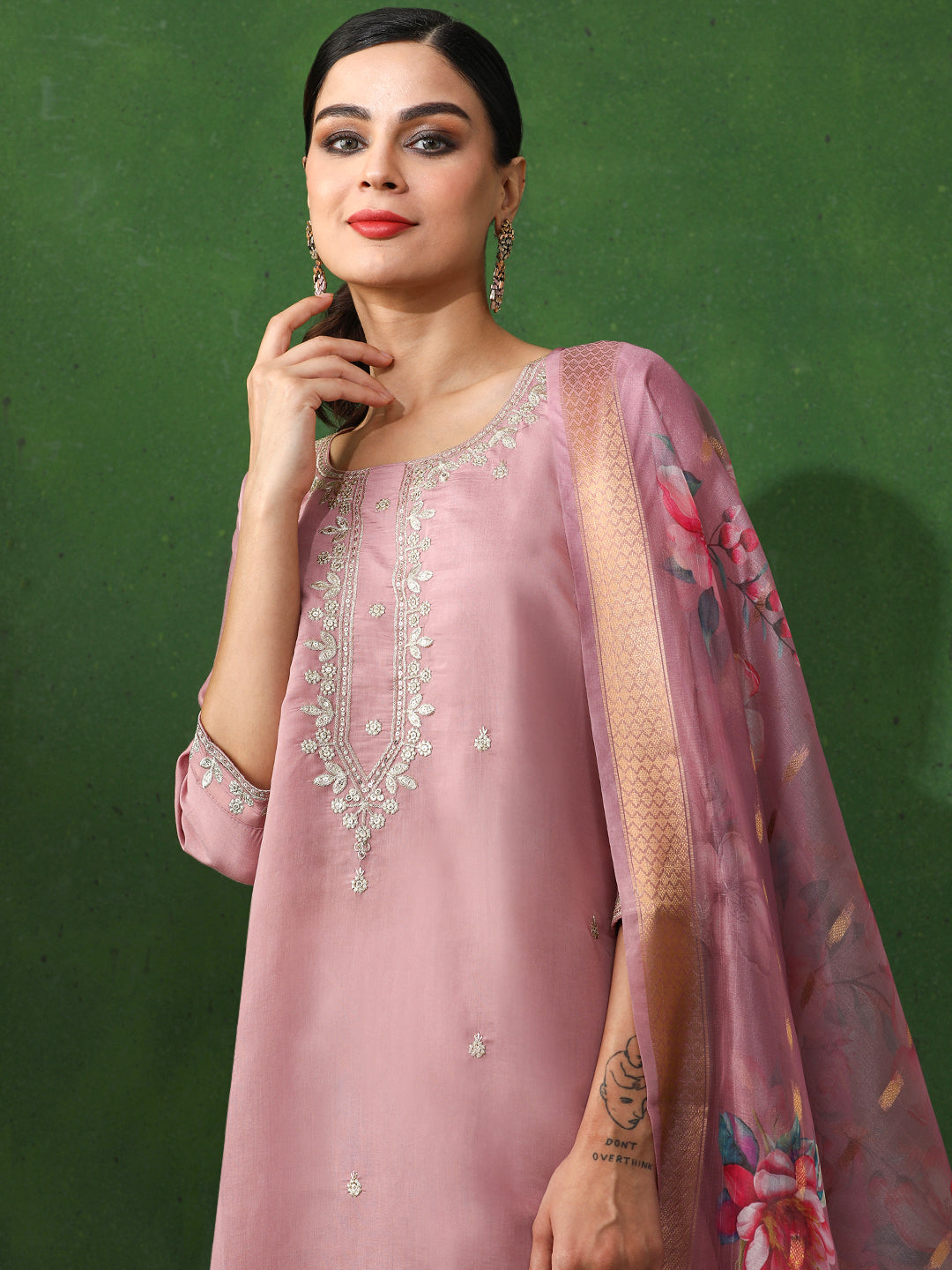 Floral Embroidered Straight Chanderi Silk Kurta & Trousers Sets