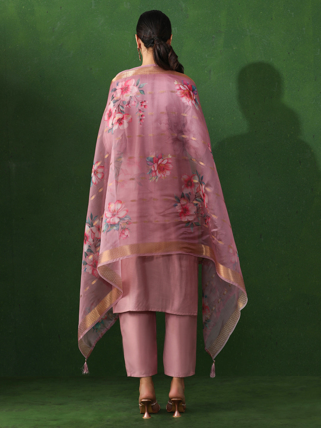 Floral Embroidered Straight Chanderi Silk Kurta & Trousers Sets