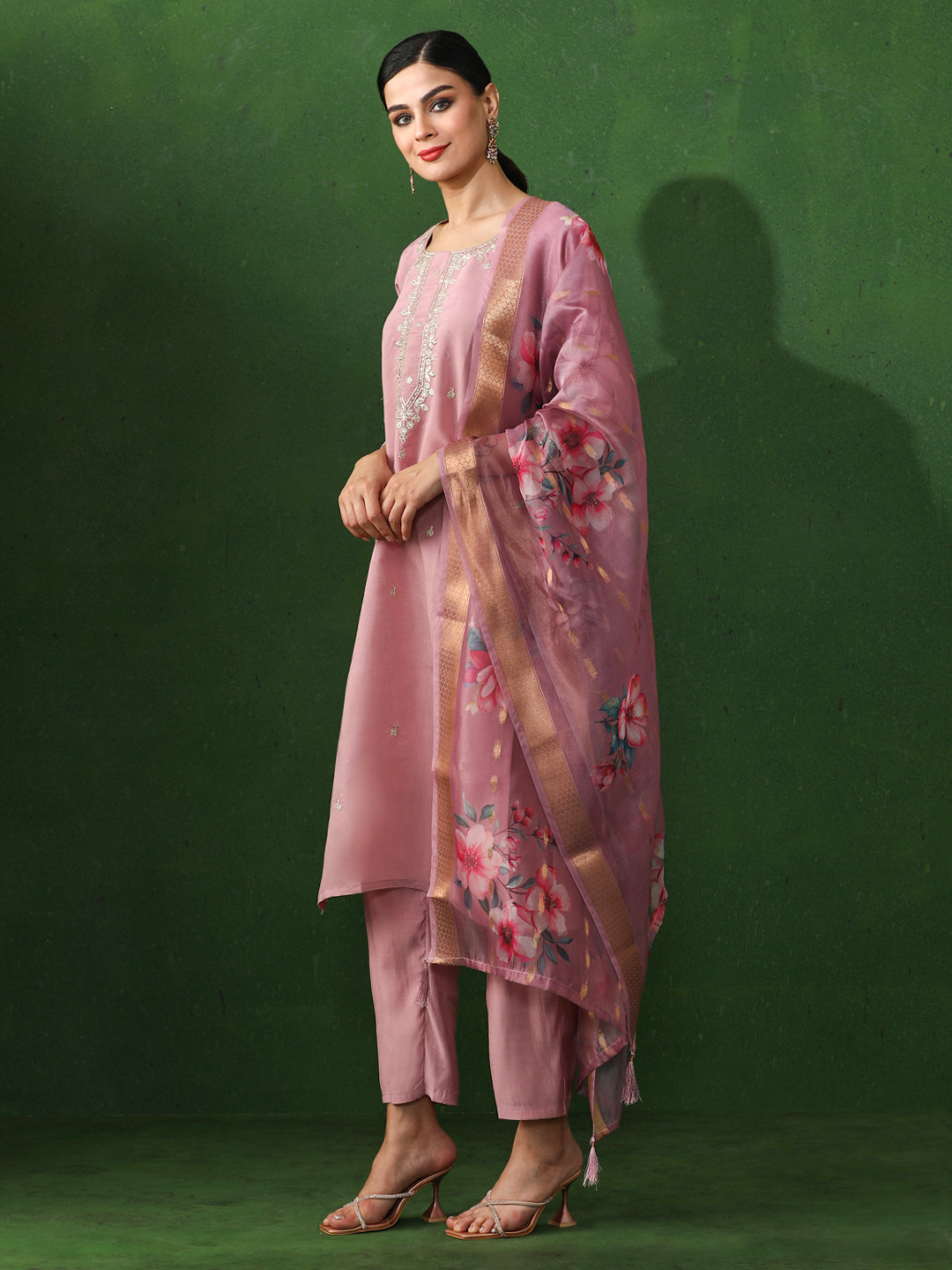 Floral Embroidered Straight Chanderi Silk Kurta & Trousers Sets