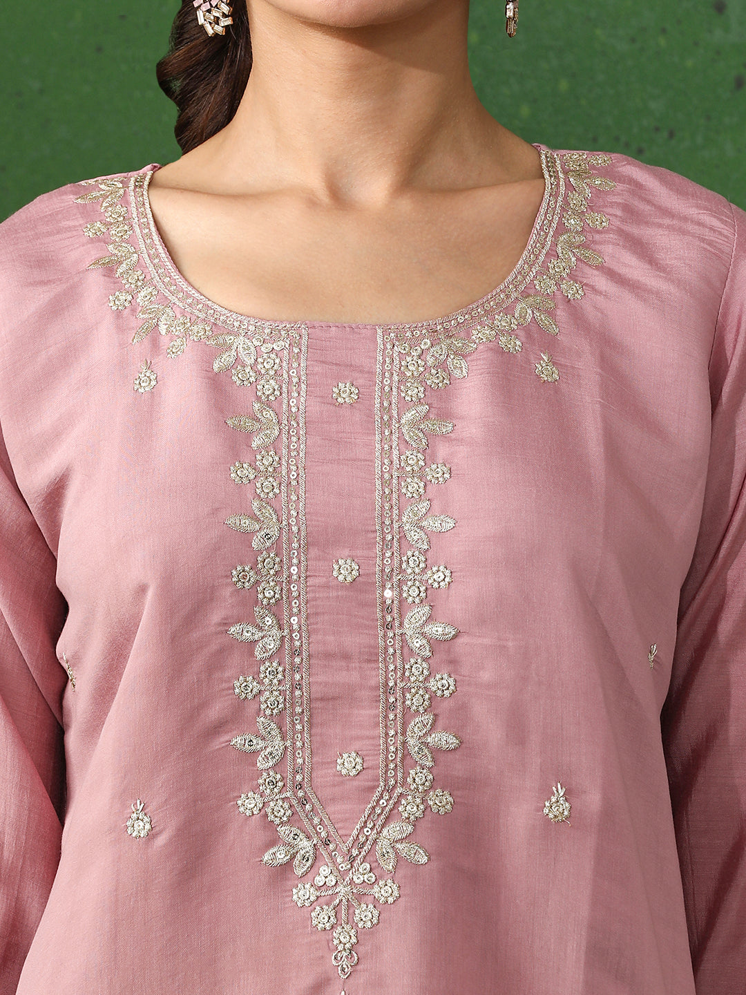 Floral Embroidered Straight Chanderi Silk Kurta & Trousers Sets