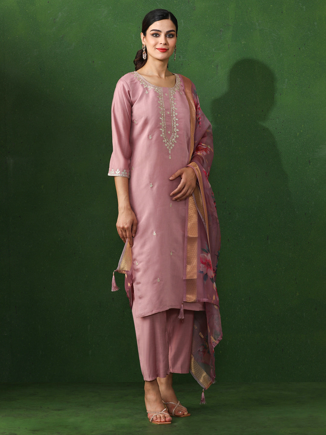 Floral Embroidered Straight Chanderi Silk Kurta & Trousers Sets