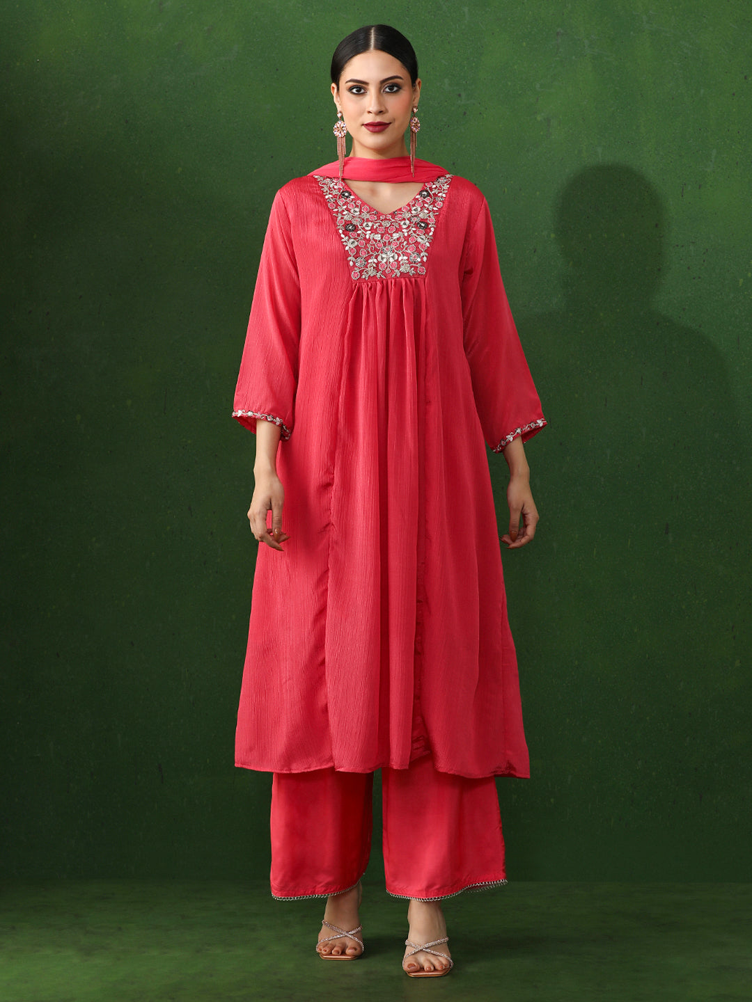 Floral Embroidered A-Line Chinon Kurta & Trousers Sets